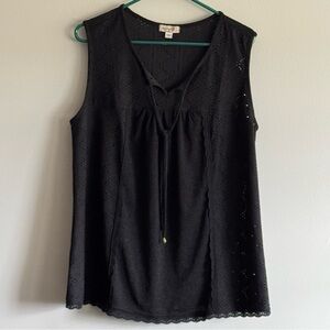 One World Sleeveless Black Eyelet Tie-Front Women's Top Size XL